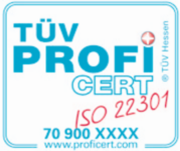 Ein Logo mit dem Text "TUEV PROFICERT" und "ISO 22301".