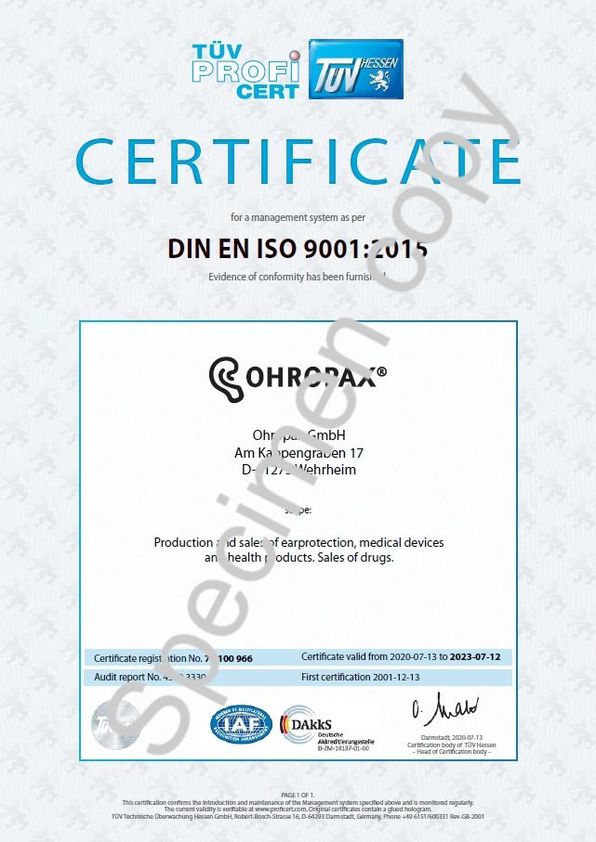 Ein Zertifikat von "TÜV PROFICERT", das besagt, dass "OHRCTAX" mit der Norm "DIN EN ISO 9001:2015" für "Konformitätsnachweise" übereinstimmt.